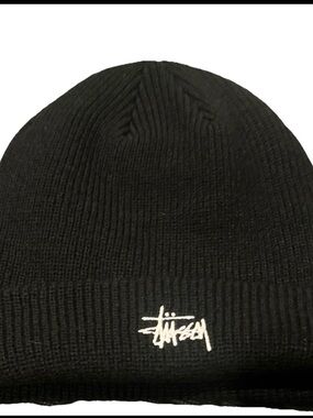 Stussy Black Beanie with White Script Embroidery